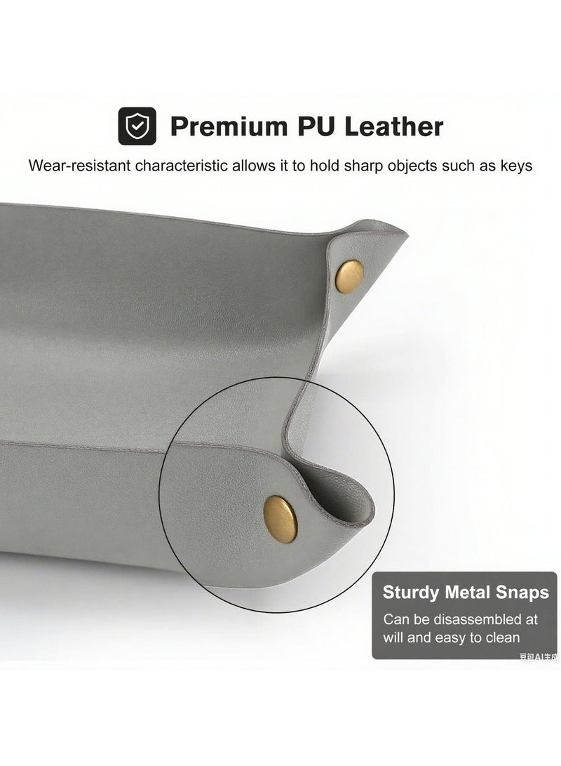 Yalla Pick 2 Pcs Leather Valet Tray, Premium PU Leather Desk and Bedside Organizer Tray, Foldable Catchall for Jewelry, Keys, Wallet, Coin, Phone, Modern Valet Tray for Men and Women (Gray) - Image 3
